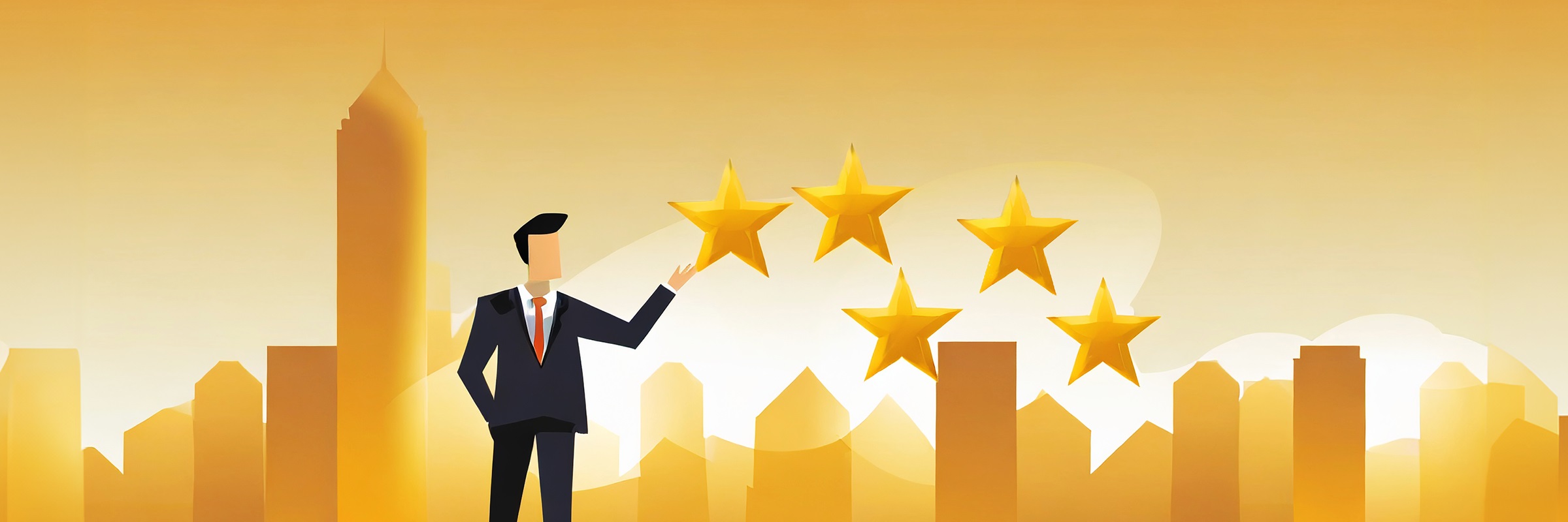 Ein Mann in Anzug hält 5 Sterne vor einer goldenen Skyline