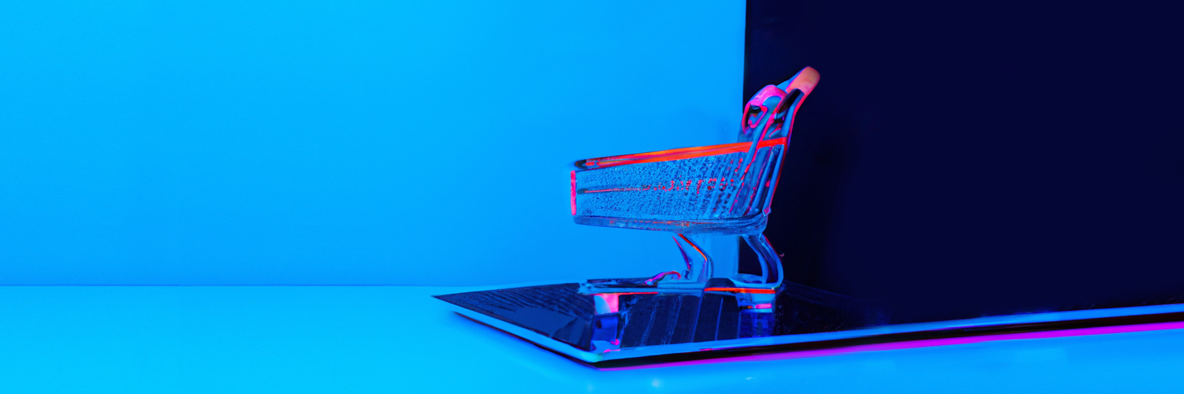 Ein Einkaufwagen steht in einem blau-gefärbten Raum