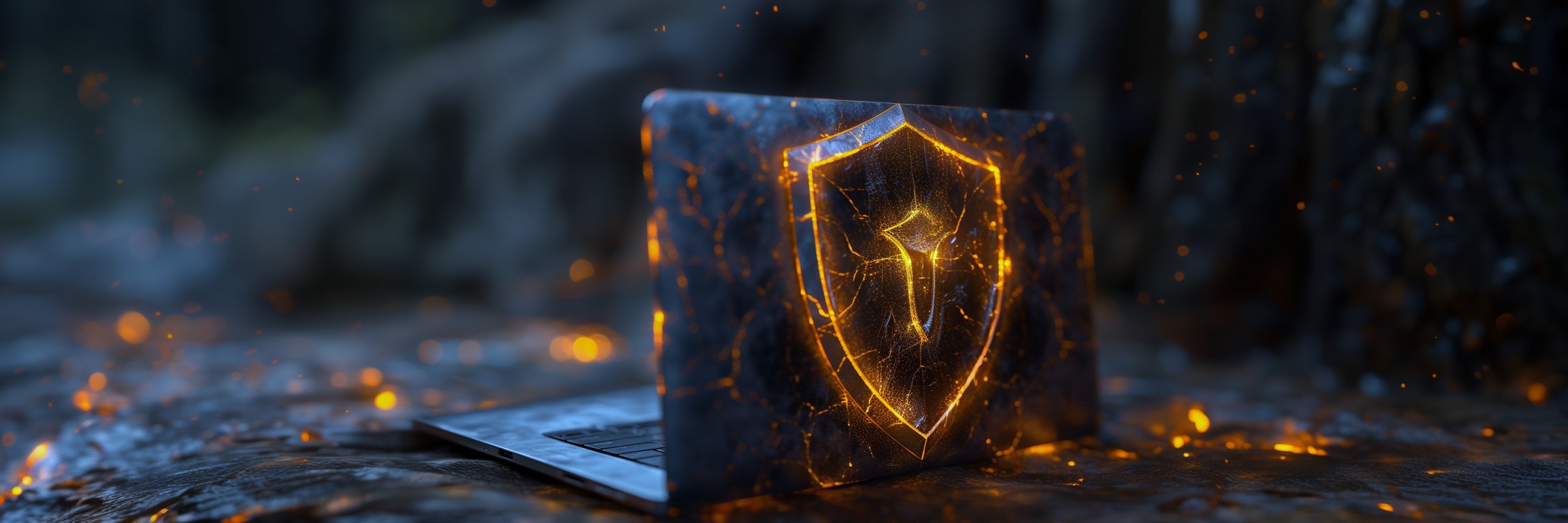 Ein Laptop mit eingebranntem Schild steht auf heißem Lavagestein.