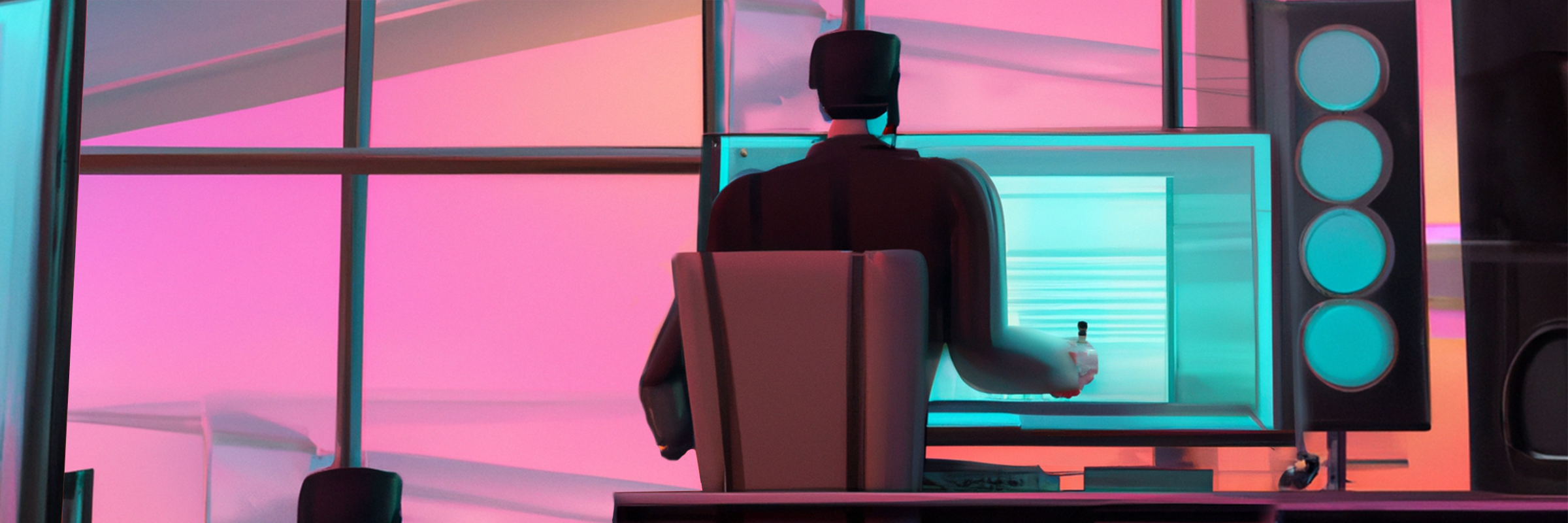 Ein Mann sitzt an einem Schreibtisch vor einem Bildschirm