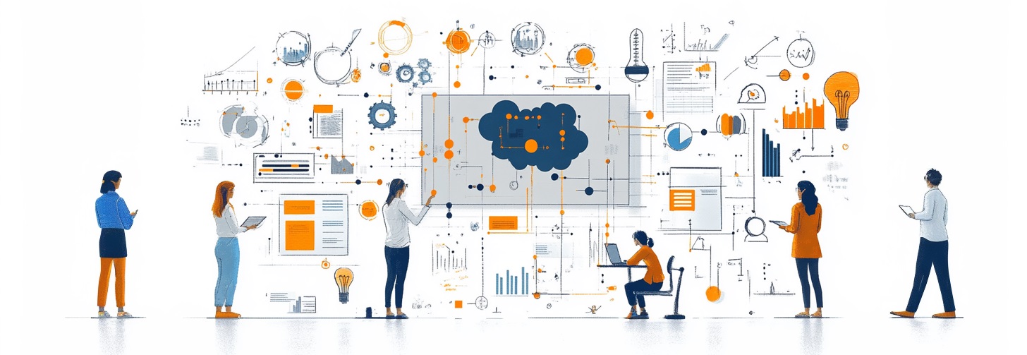 Zeichnung von verschiedenen Menschen, die in einer Office-Umgebung mit Tablets arbeiten und unter einer Wolke stehen.