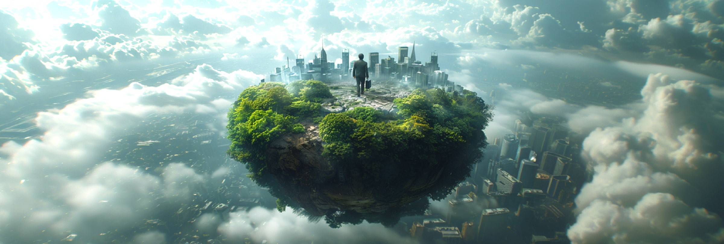 Ein Business Man läuft auf einer schwebenden Stadt in den Wolken