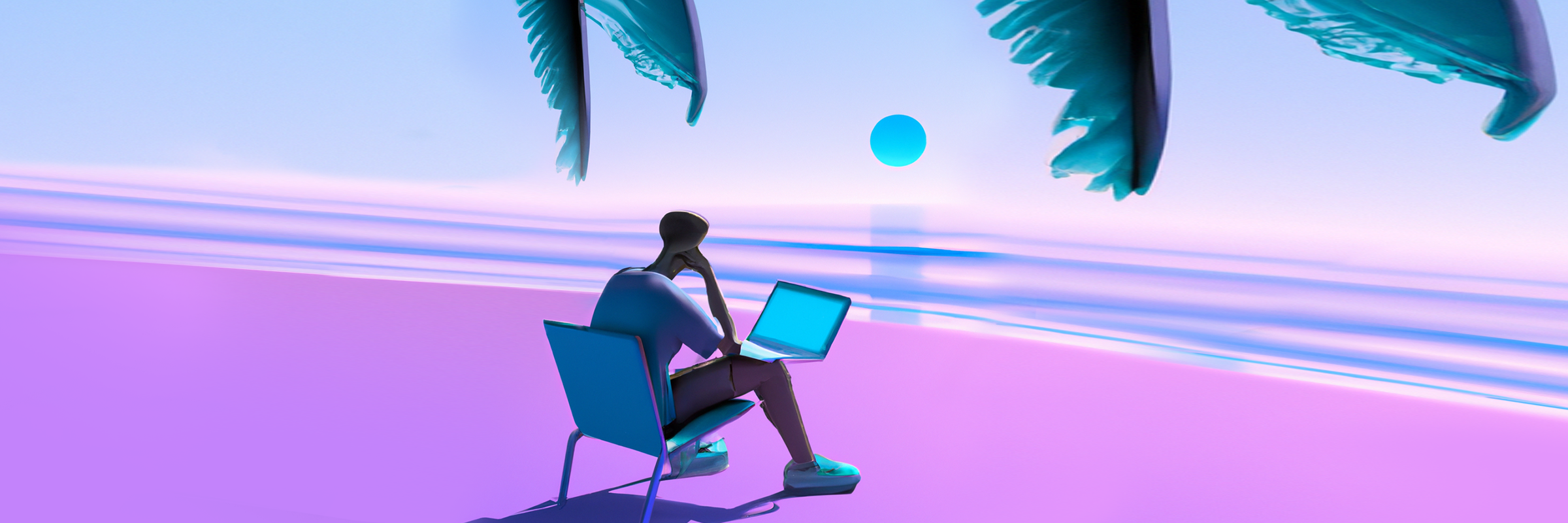 Ein Mensch sitzt mit Laptop am Strand