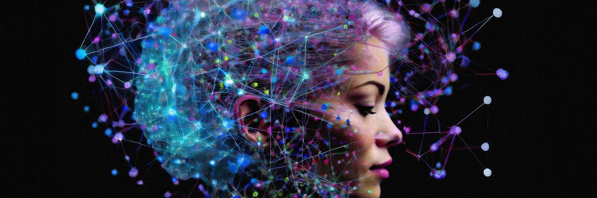 Seitenansicht eines Frauenkopfes, der von einem virtuellen Netzwerk umhüllt ist.