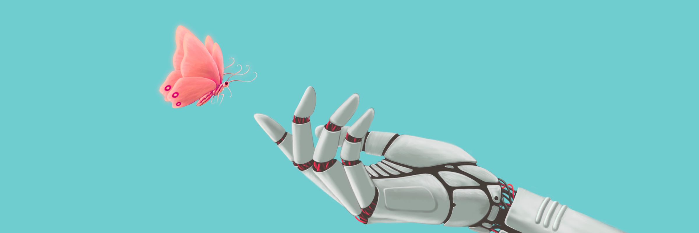 Ein Schmetterling fliegt auf eine Roboterhand zu