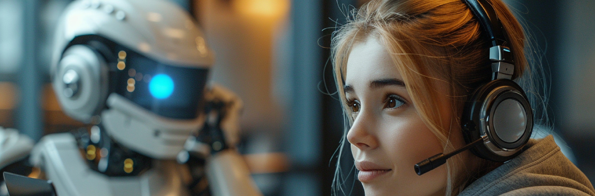 Eine Frau im Kundendienst und hinter ihr ein telefonierender Roboter