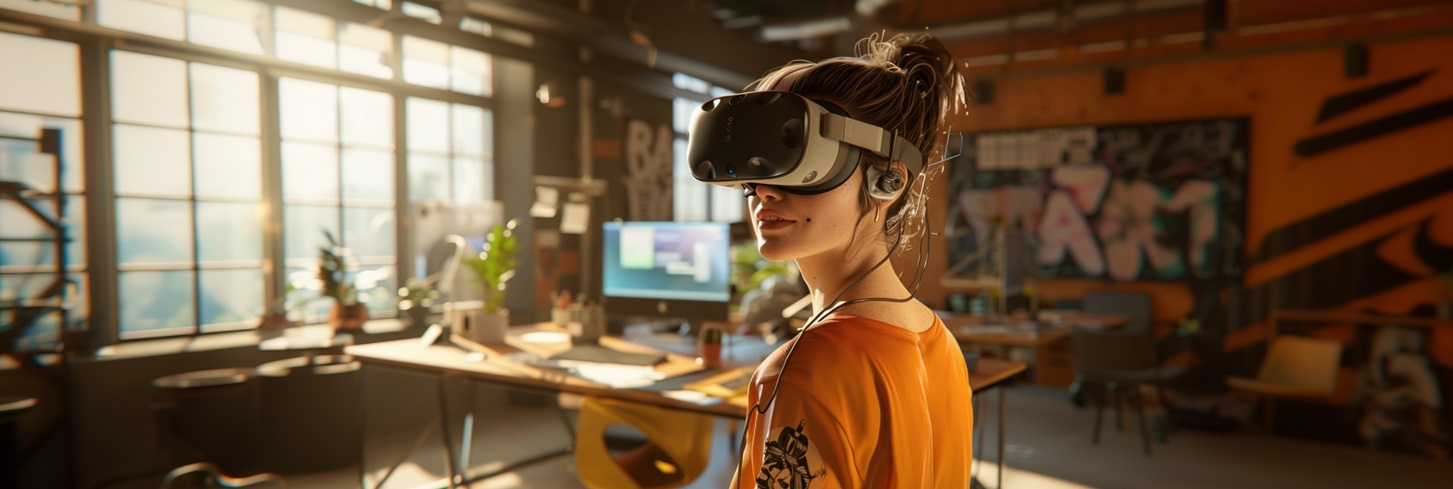 eine Frau steht mit VR-Brille in einem modernen Büro