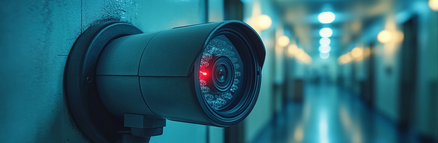 Eine Kamera filmt in ein Bürogebäude