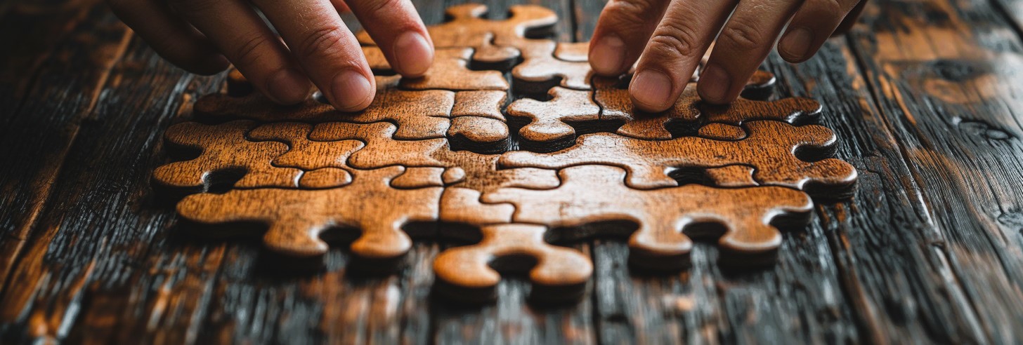 Eine Hand bewegt ein Puzzle auf einem Holztisch