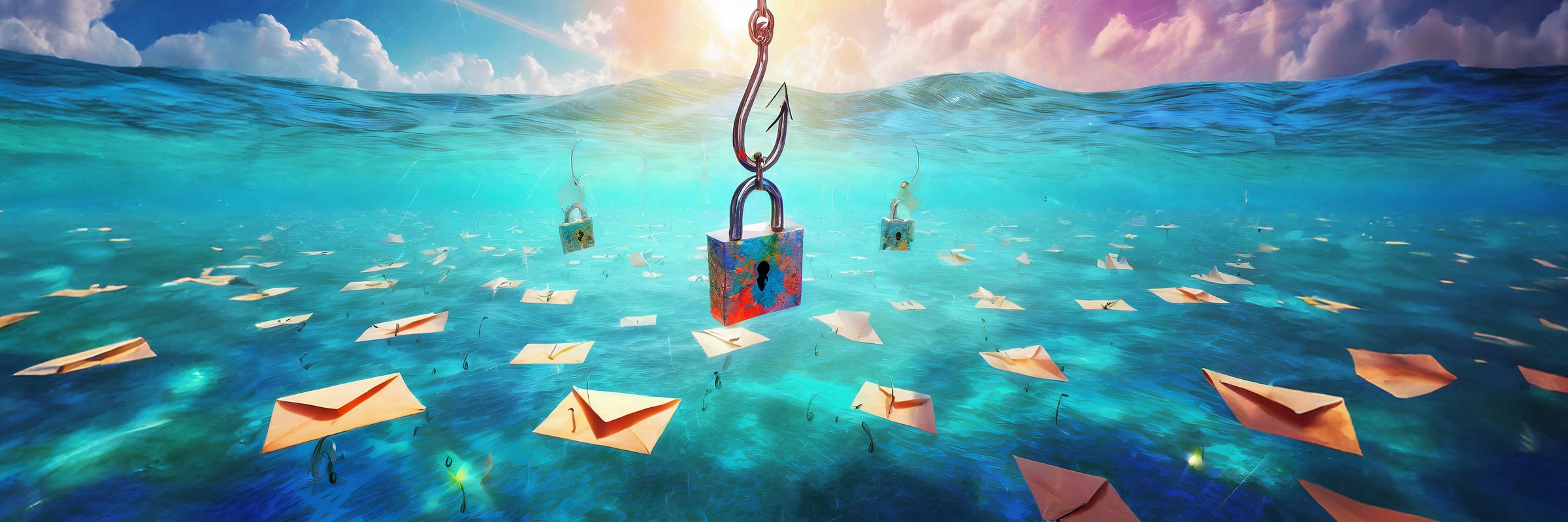 An einem Angelhaken hängt ein Schloss über einem Meeresboden, der mit Briefen bedeckt ist