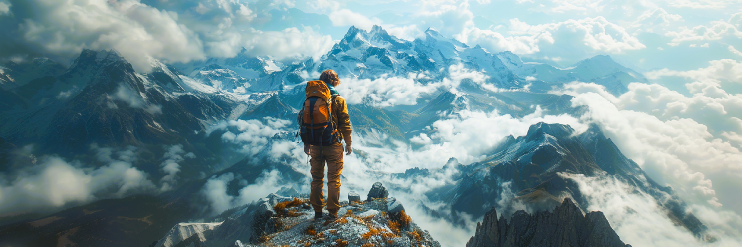Ein Wanderer steht auf einem Berggipfel und schaut auf eine Gebirgskette mit vielen Wolken.
