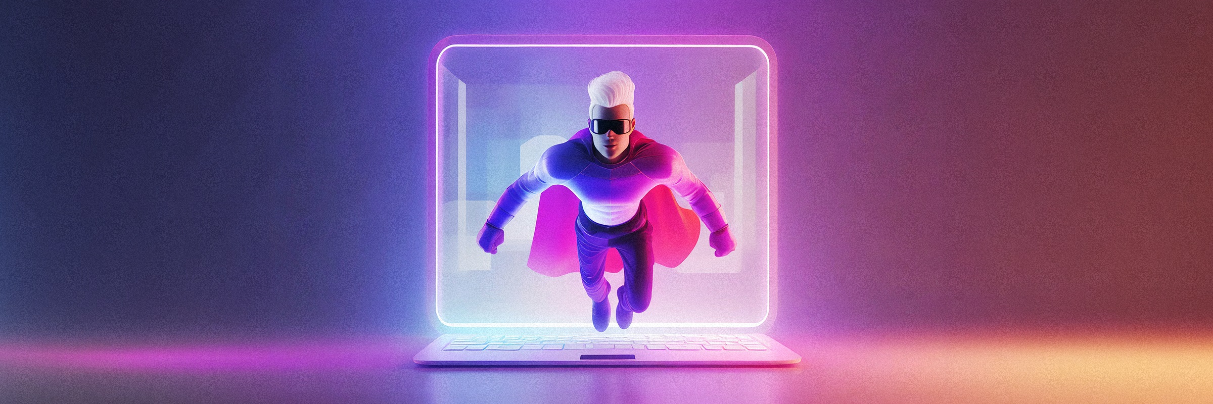 Superman in Pink kommt aus einem Laptop geflogen