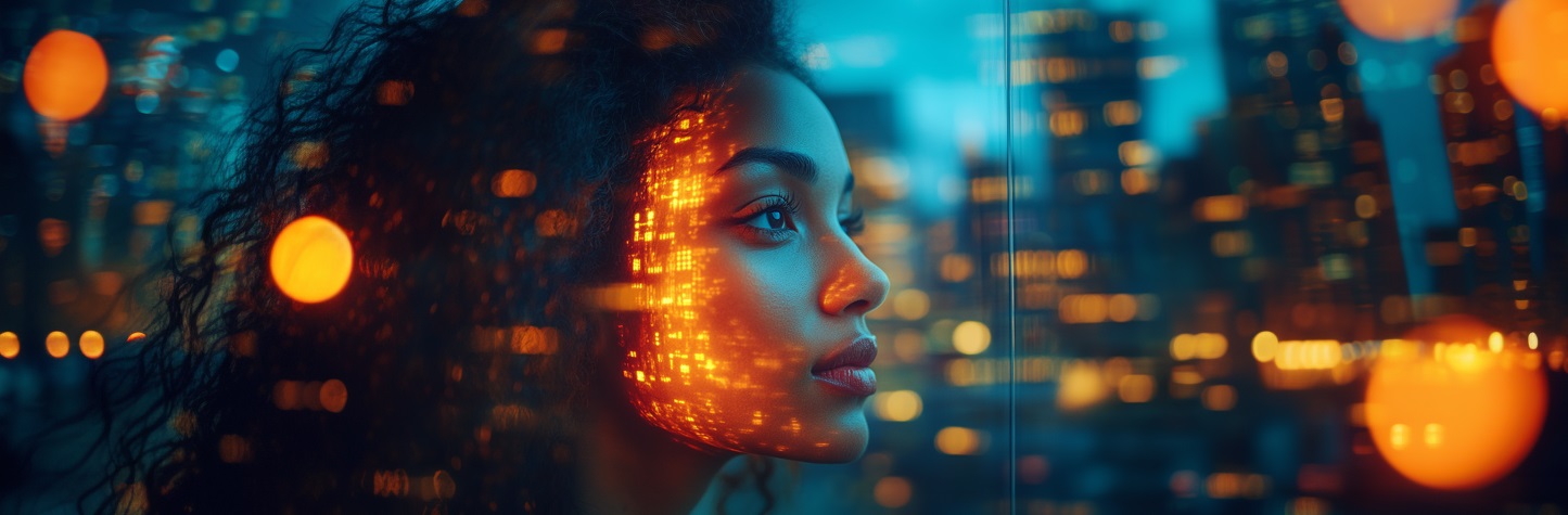 Eine Frau schaut aus dem Fenster. Auf ihrem Gesicht sind digitale Projektionen sichtbar.