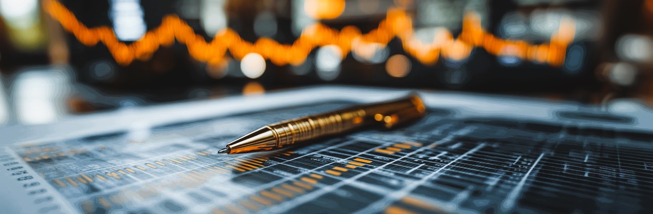 Ein goldener Kugelschreiber liegt auf einem digitalen Daten-Screen, darüber ein virtueller Graph.