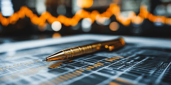 Ein goldener Kugelschreiber liegt auf einem digitalen Daten-Screen, darüber ein virtueller Graph.