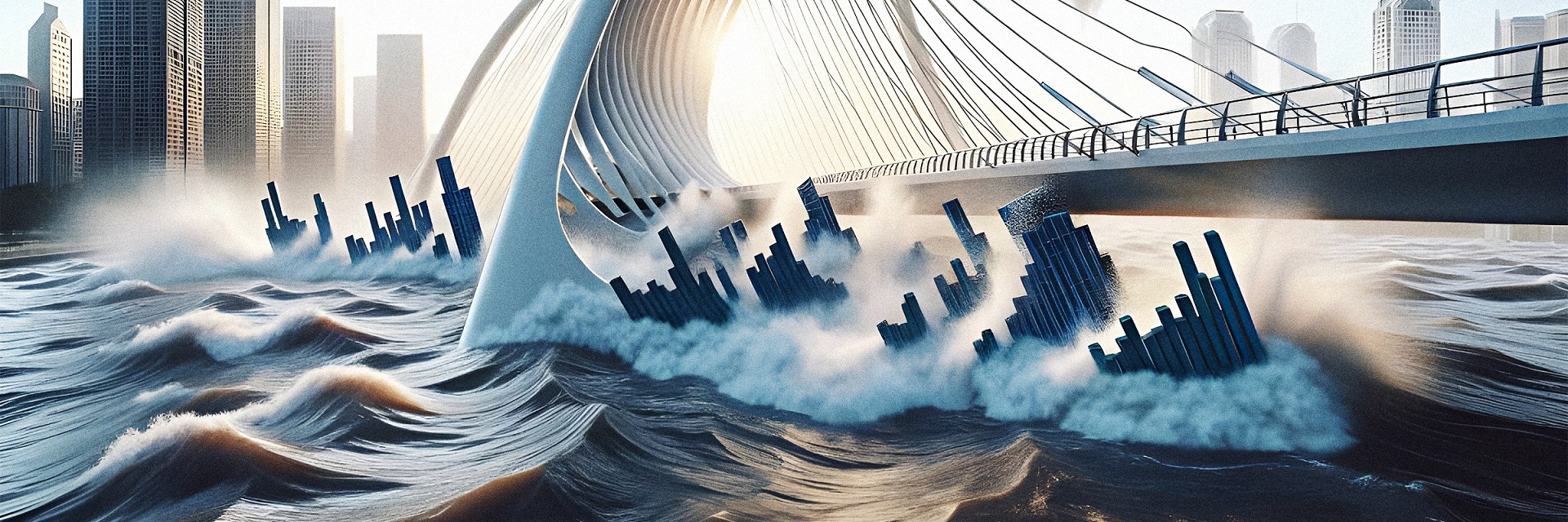 Eine umstürzende Brücke inmitten eines hohen Wellengangs vor einer Stadtkulisse