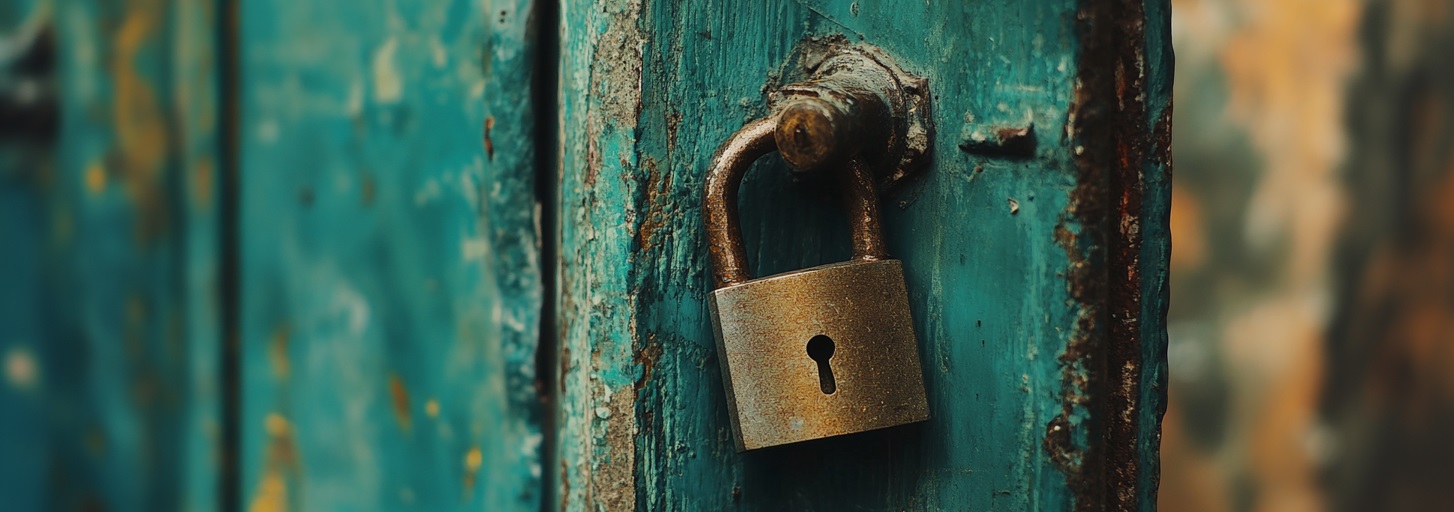 Ein rostiges Vorhängeschloss hängt an einer halboffenen Türe.